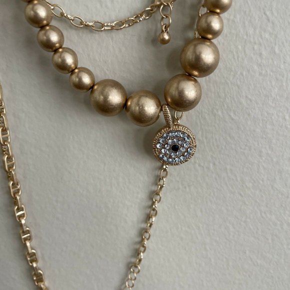 Free Press Gold Brass Evil Eye Multi-Layering Necklace, NEW - Picture 2 of 5